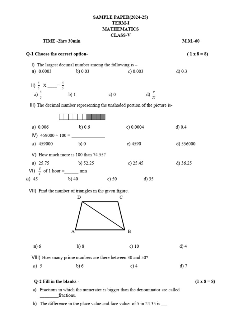 Class V Mathematics Sample Paper 2024 | PDF | Numbers | Triangle
