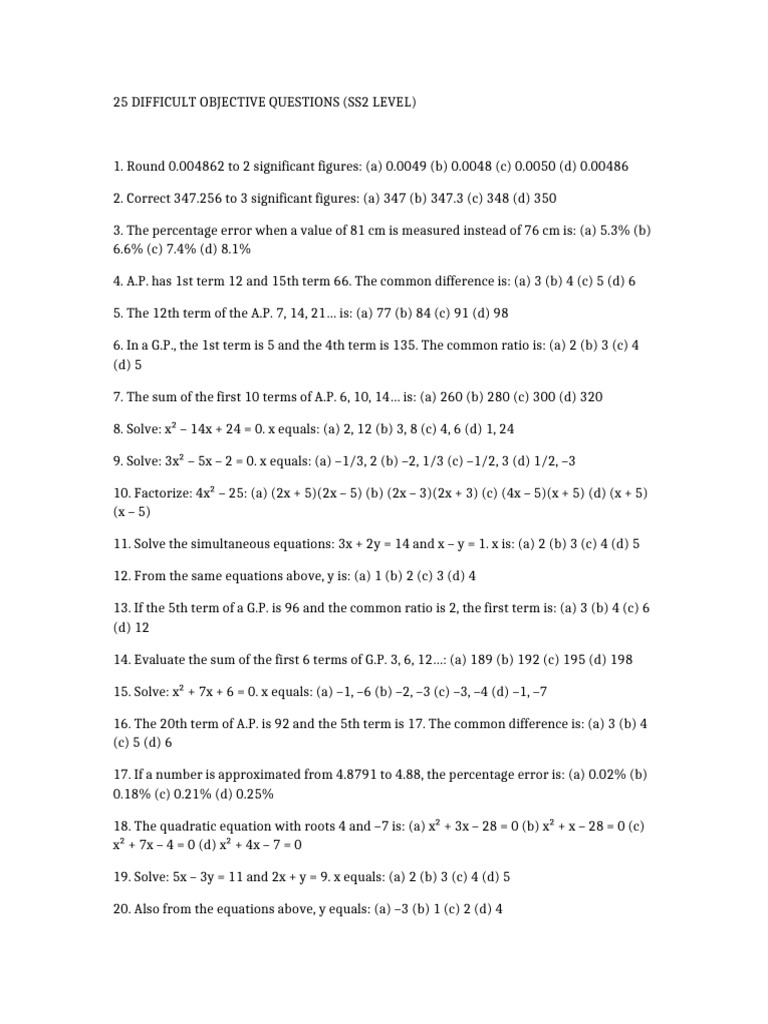 SS2 Level Math Objective Questions | PDF | Significant Figures | Numbers