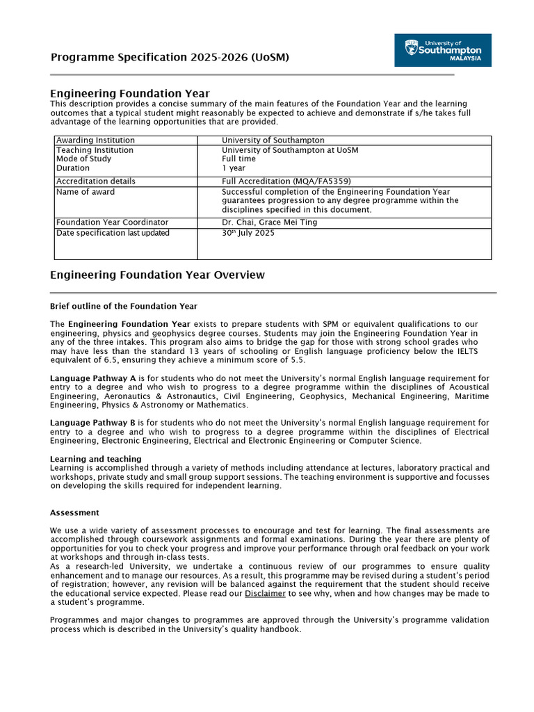 Engineering Foundation Year Overview 2025-2026 | PDF | Engineering ...