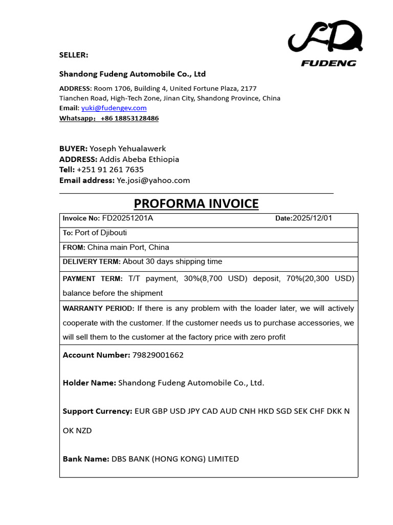 Proforma Invoice: Seller: Shandong Fudeng Automobile Co., LTD | PDF ...