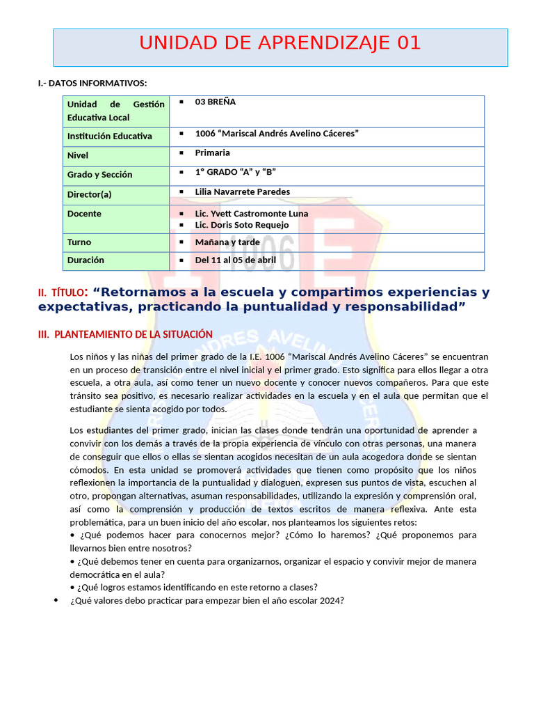 UNIDAD DE APRENDIZAJE 0 - 1A y B | PDF | Aprendizaje | Evaluación