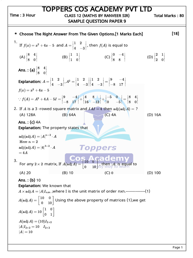Class 12 Maths Sample Question Paper | PDF | Matrix (Mathematics ...