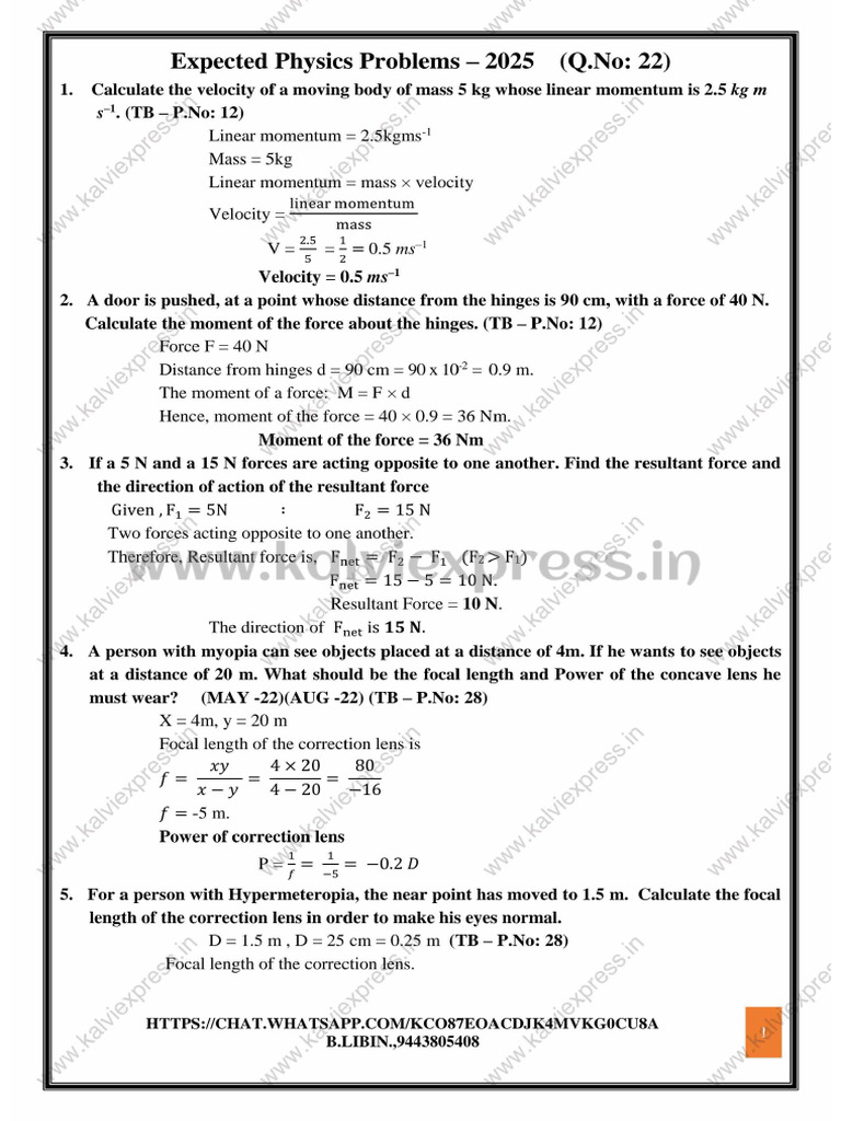10Th Science Expected Physics Problems em | PDF