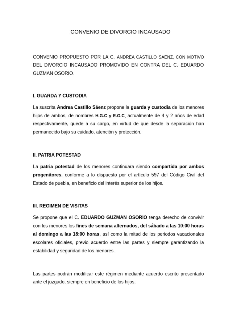 Convenio de Divorcio Incausado y Custodia | PDF | Divorcio | Pensión ...