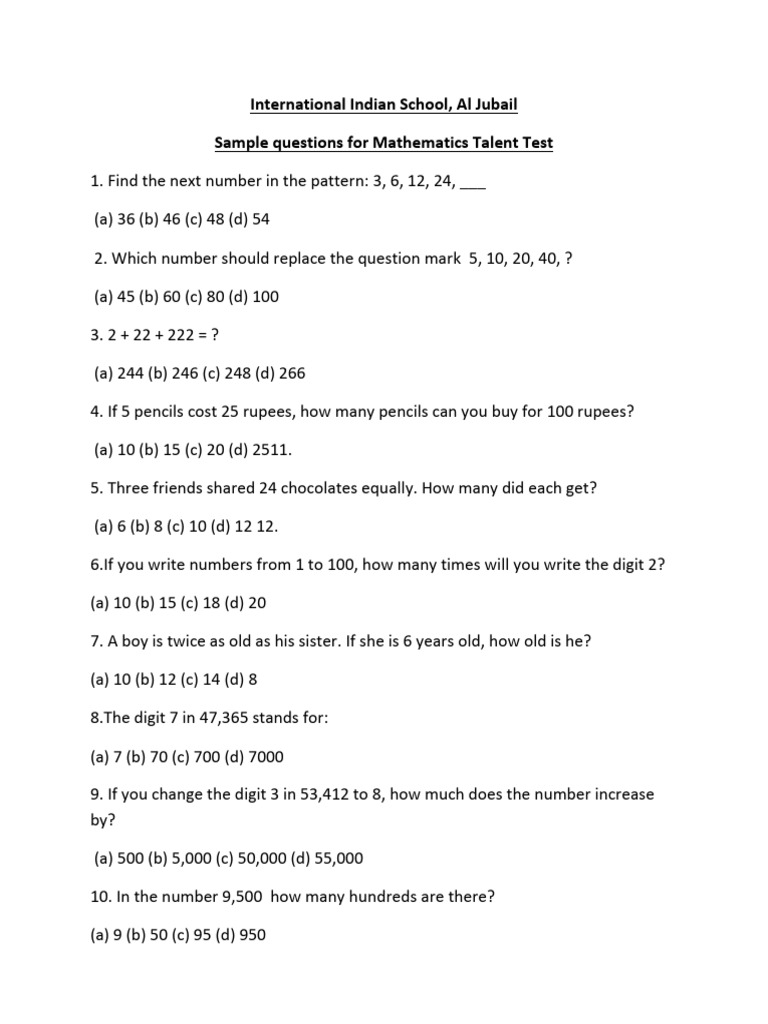 Math Talent Test Questions for Students | PDF | Area | Discrete Mathematics