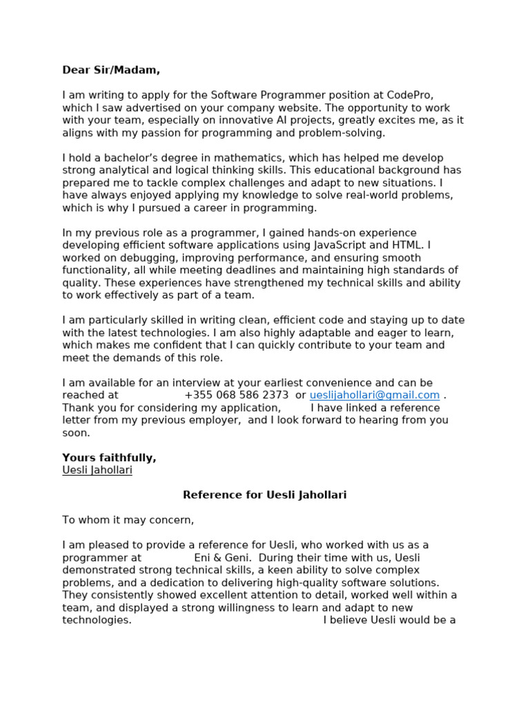 Software Programmer Application Letter | PDF