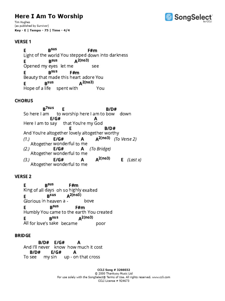 Here I Am To Worship Lyrics | PDF