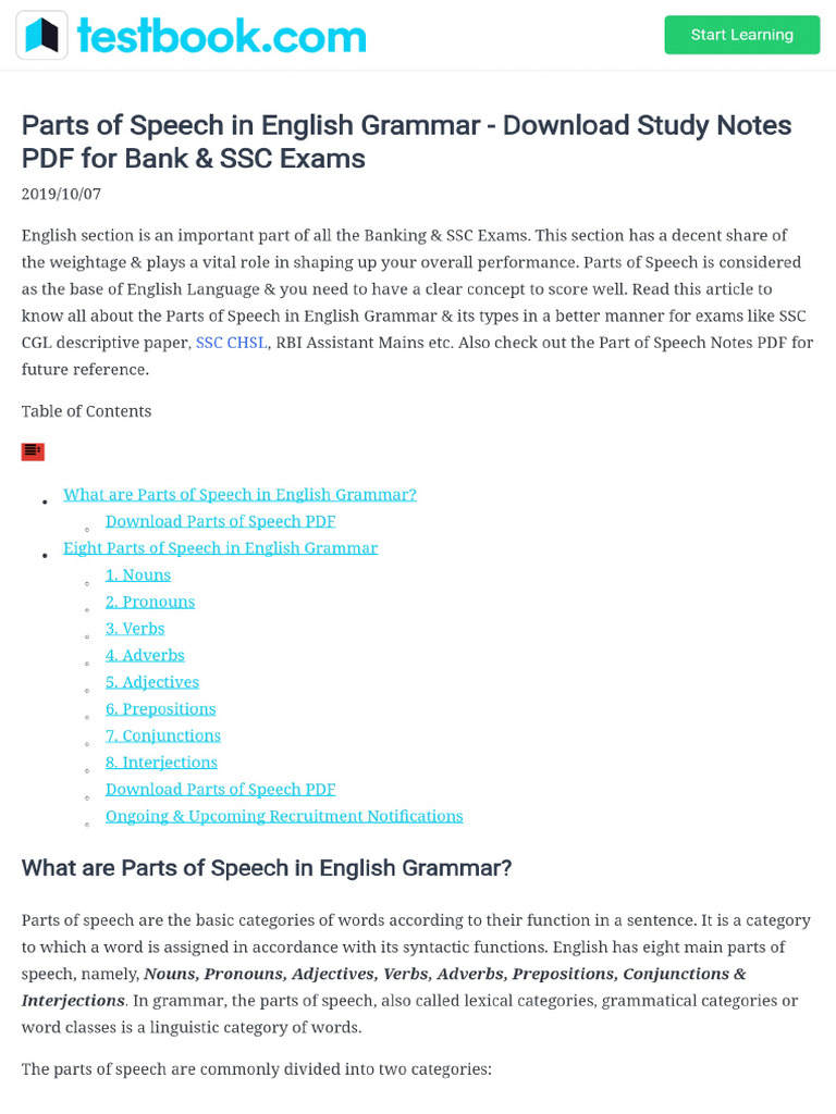 Parts of Speech in English Grammar Notes PDF | PDF