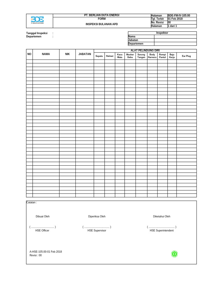 Inspeksi Bulanan Alat Pelindung Diri | PDF