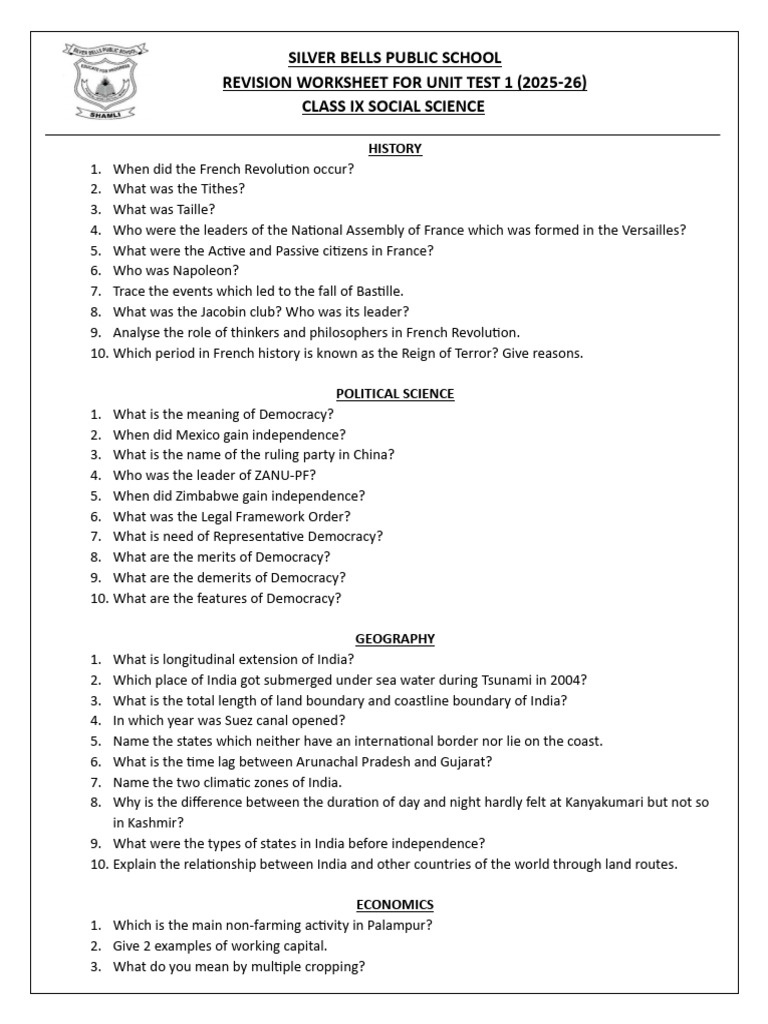 Class IX Social Science Unit Test Revision | PDF
