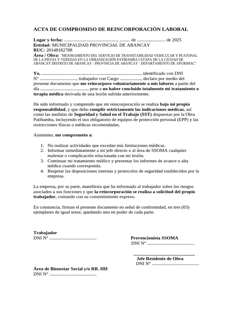 Acta de Compromiso de Reincorporación Laboral | PDF