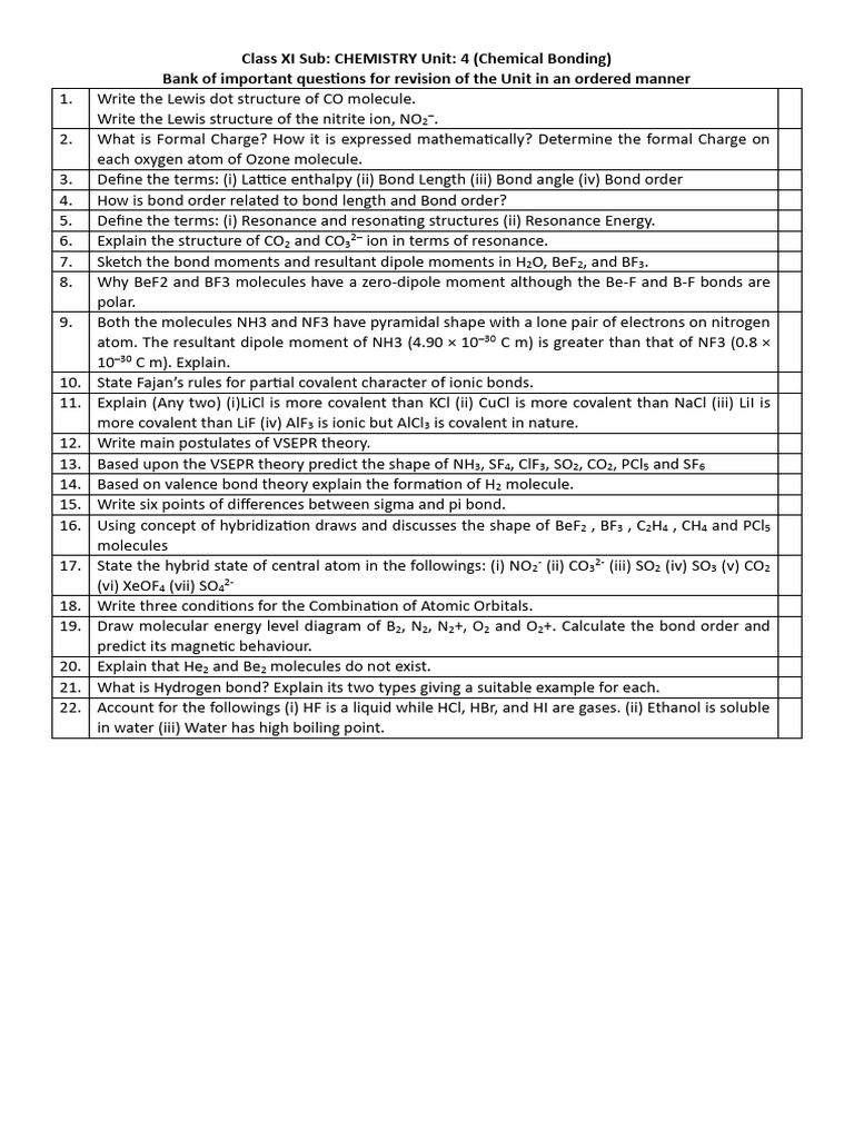 4 - Class XI Bank of Imp Ques Unit4-Chemical Bonding | PDF