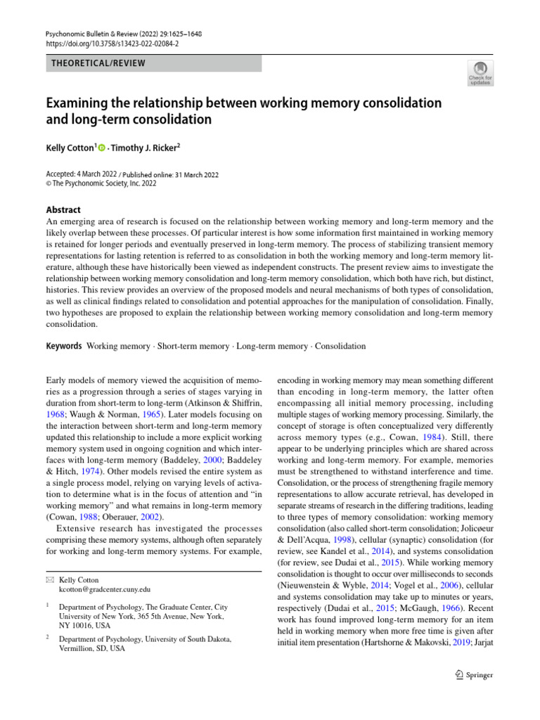 Working vs. Long-Term Memory Consolidation | PDF | Memory | Working Memory
