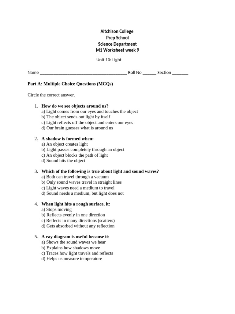 M1 Week 9 Worksheet 25-26 | PDF | Light | Reflection (Physics)