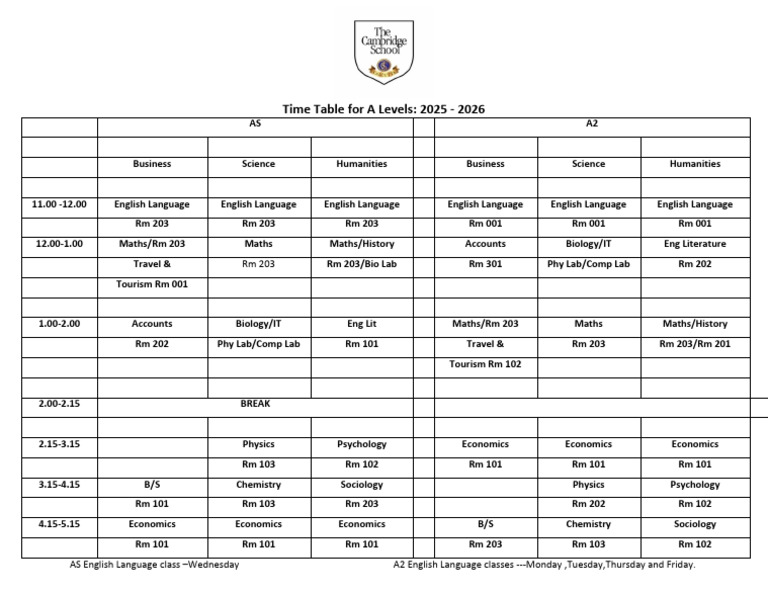 Time Table for a Levels 25 - 26 | PDF | Liberal Arts Education | Science