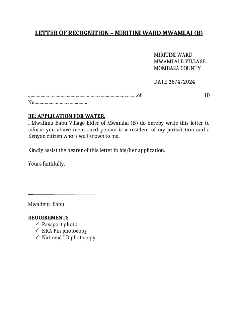 Miritini Ward Water Application Letter | PDF