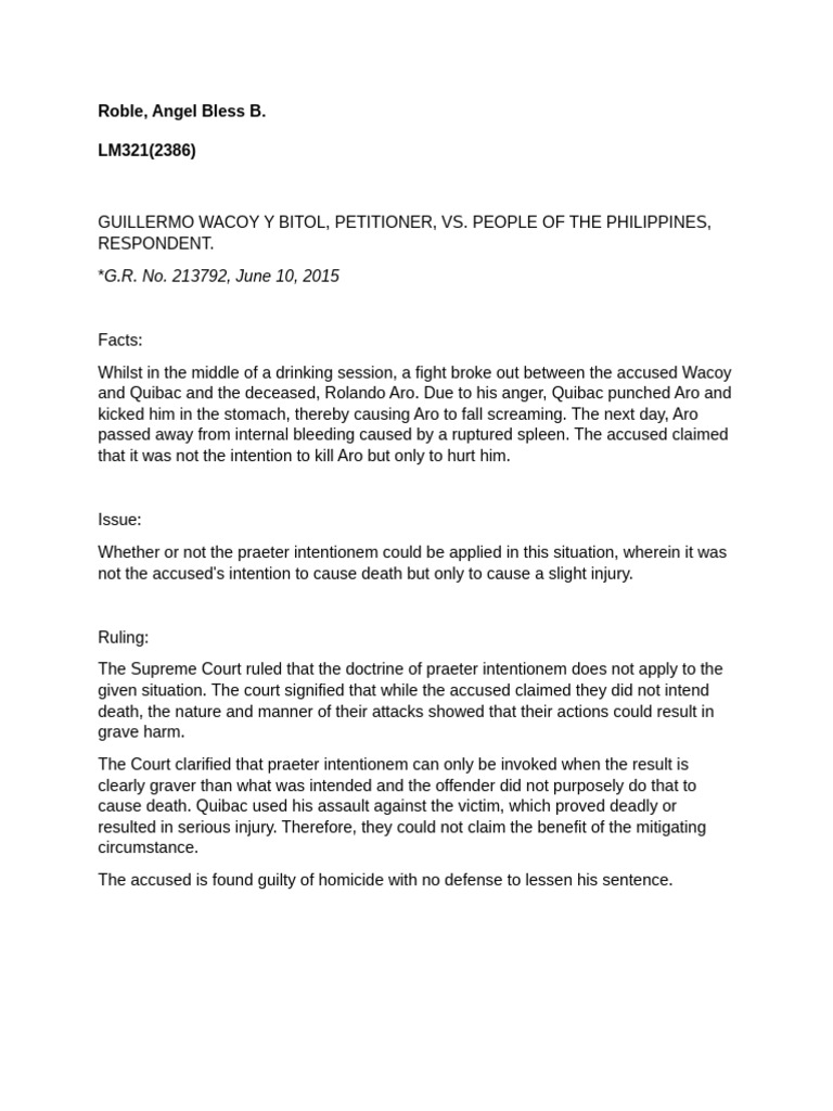 Homicide Case: Praeter Intentionem Ruling | PDF