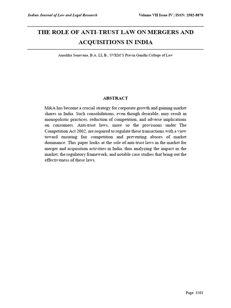 The Role of Anti-Trust Law On Mergers and Acquisitions in India | PDF ...