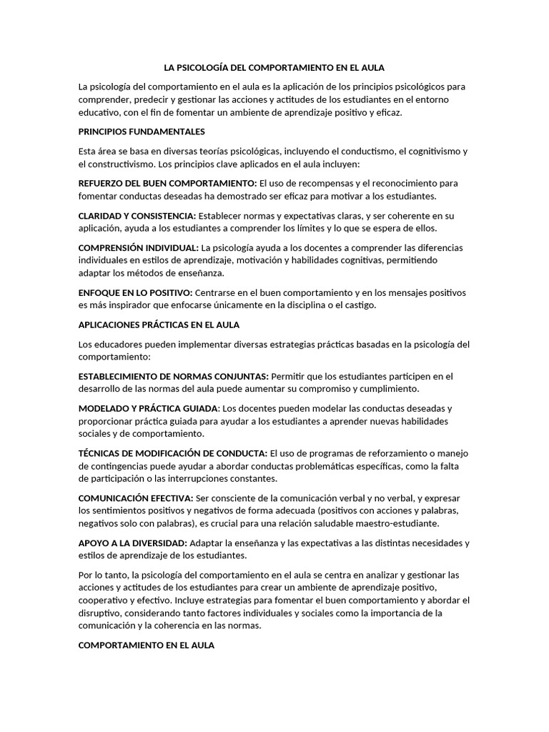 Psicología del Comportamiento en el Aula | PDF | Sicología | Comportamiento