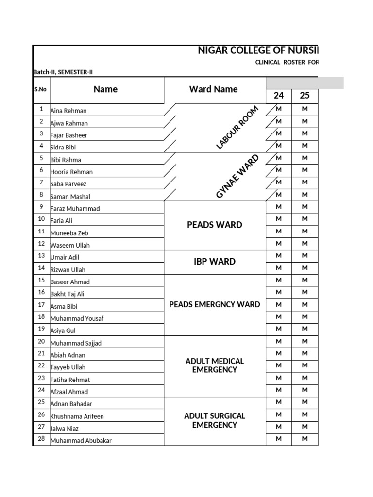 Nigar College Nursing Clinical Roster | PDF