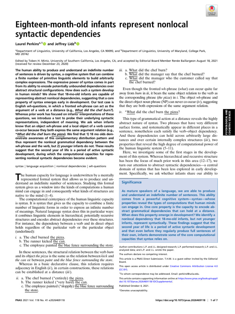 Infants' Understanding of Nonlocal Syntax | PDF | Syntax | Question