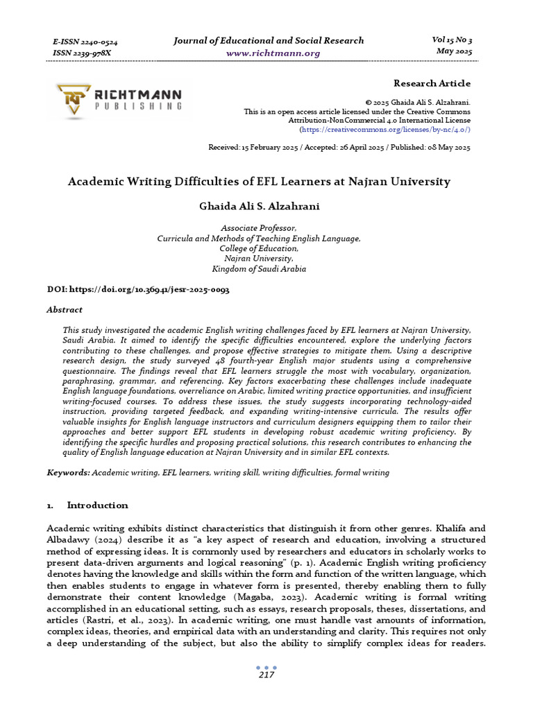 EFL Learners' Academic Writing Challenges | PDF | English As A Second ...