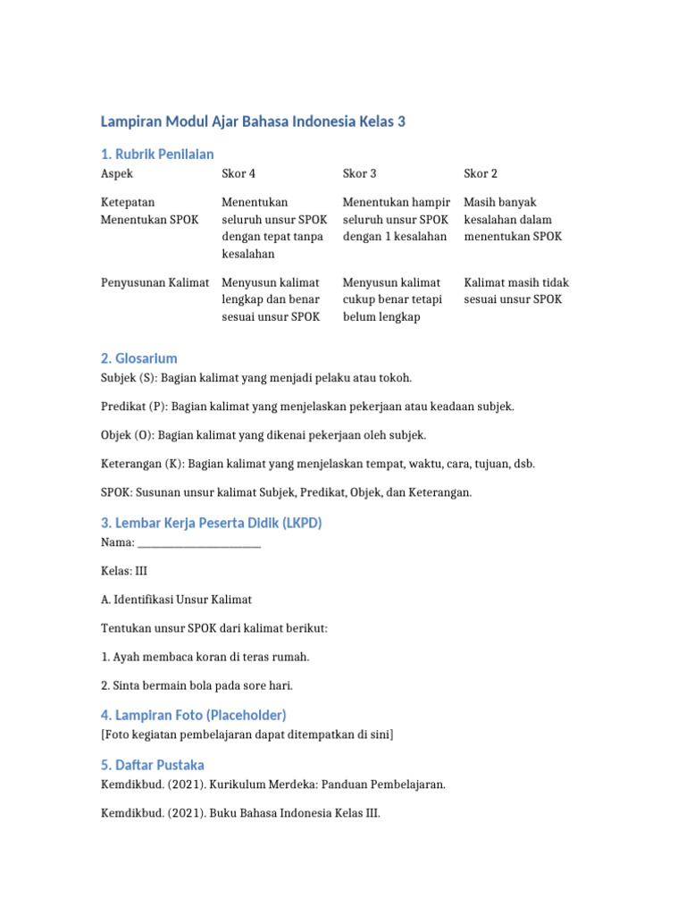 Modul Ajar Bahasa Indonesia Kelas 3 | PDF