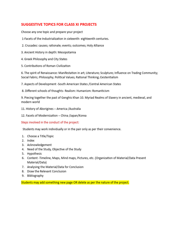 Class XI Project Topic Suggestions | PDF