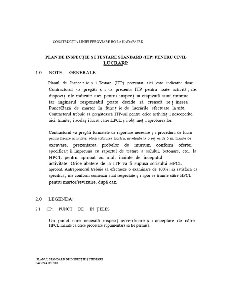 Plan Standard de Inspecție Și Testare (ITP) Pentru Lucrări Civile | PDF