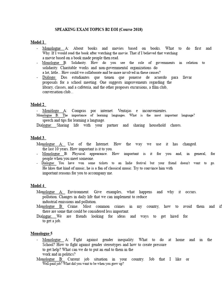 B2 Eoi Speaking Exam Topics Pdf Social Psychology
