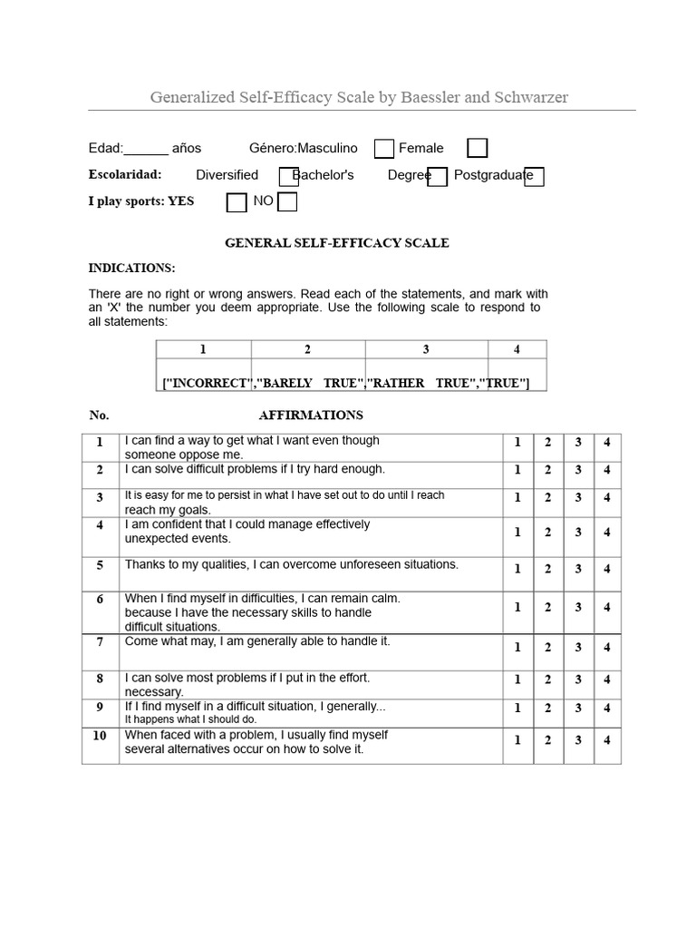 General Self-Efficacy Scale by Baessler and Schwarzer | PDF