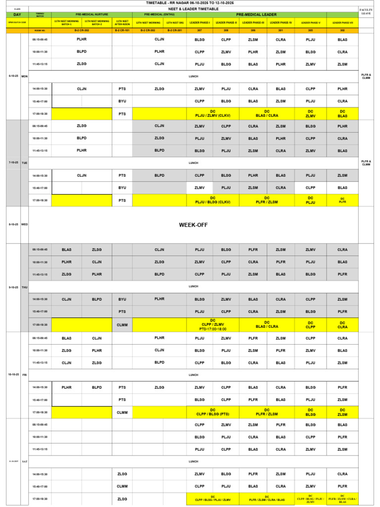 NEET Timetable: RR Nagar 2025 | PDF