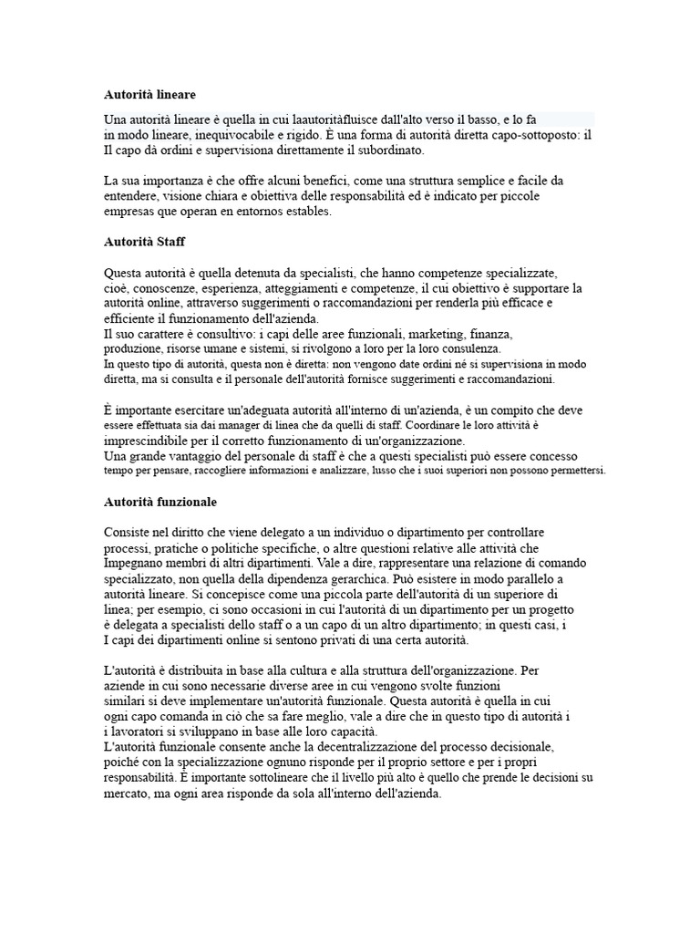 Autorità Lineare, Staff e Funzionale | PDF