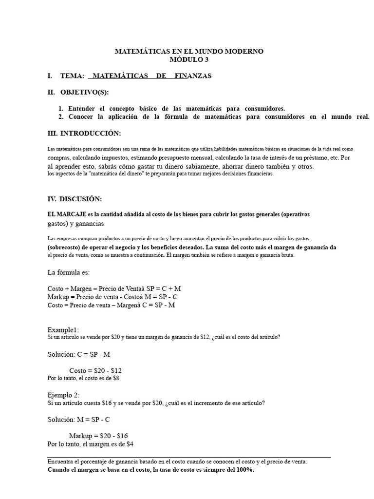 MMW Módulo 3 Matemáticas de Finanzas2 | PDF | Interés | Beneficio ...