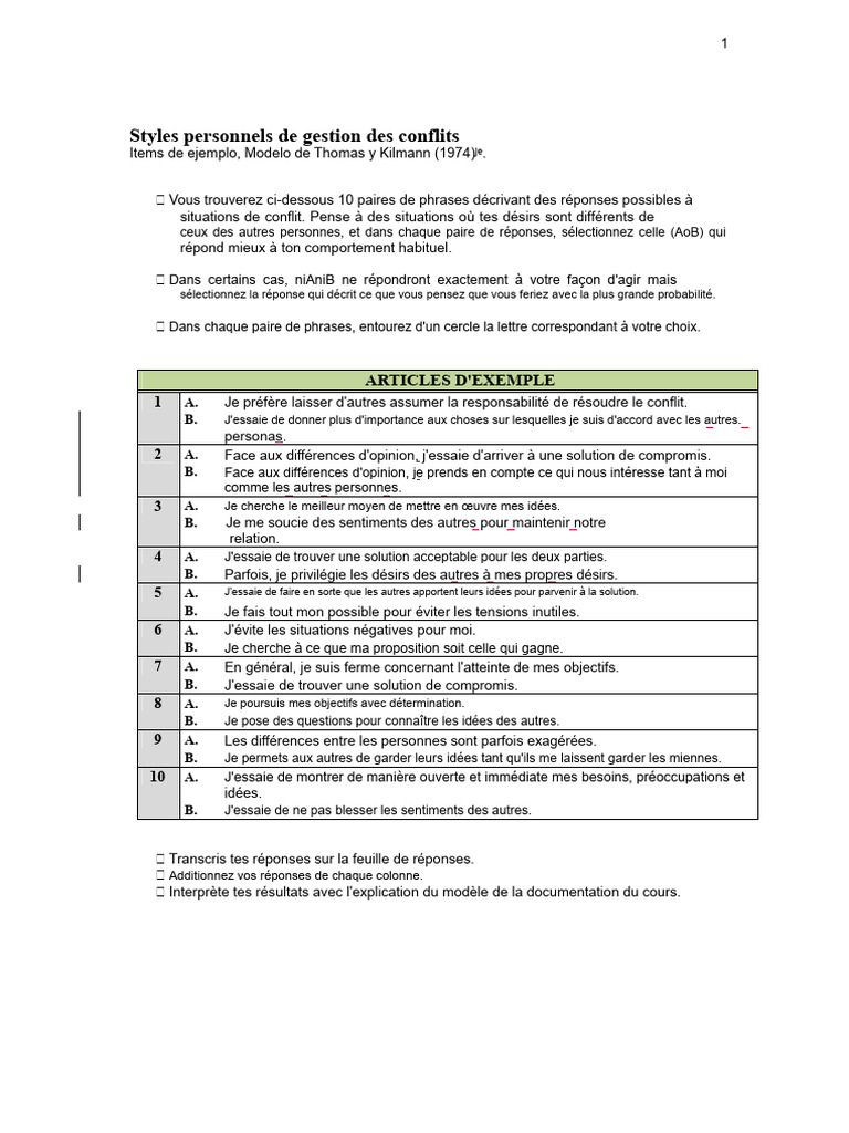 Styles de gestion des conflits selon Thomas-Kilmann | PDF