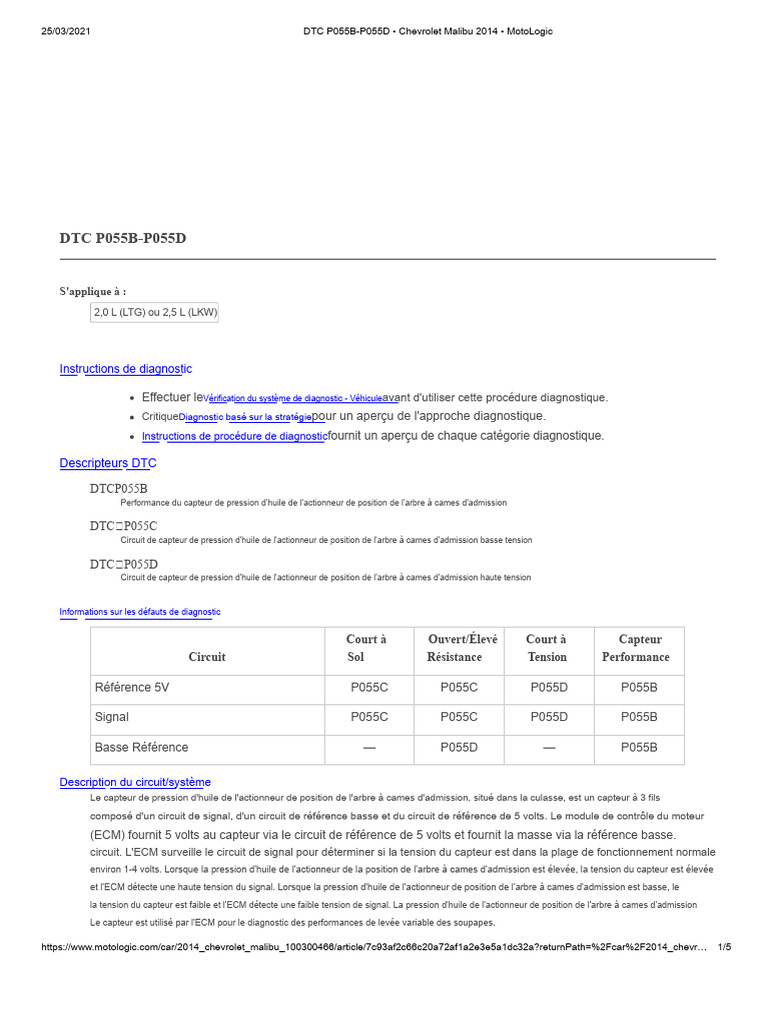 Diagnostic DTC P055B-P055D Malibu 2014 | PDF | Allumage | Pression