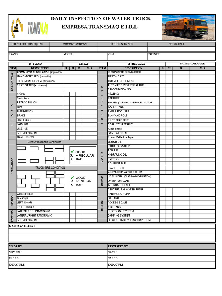 Daily Water Truck Inspection Checklist | PDF | Truck | Transport