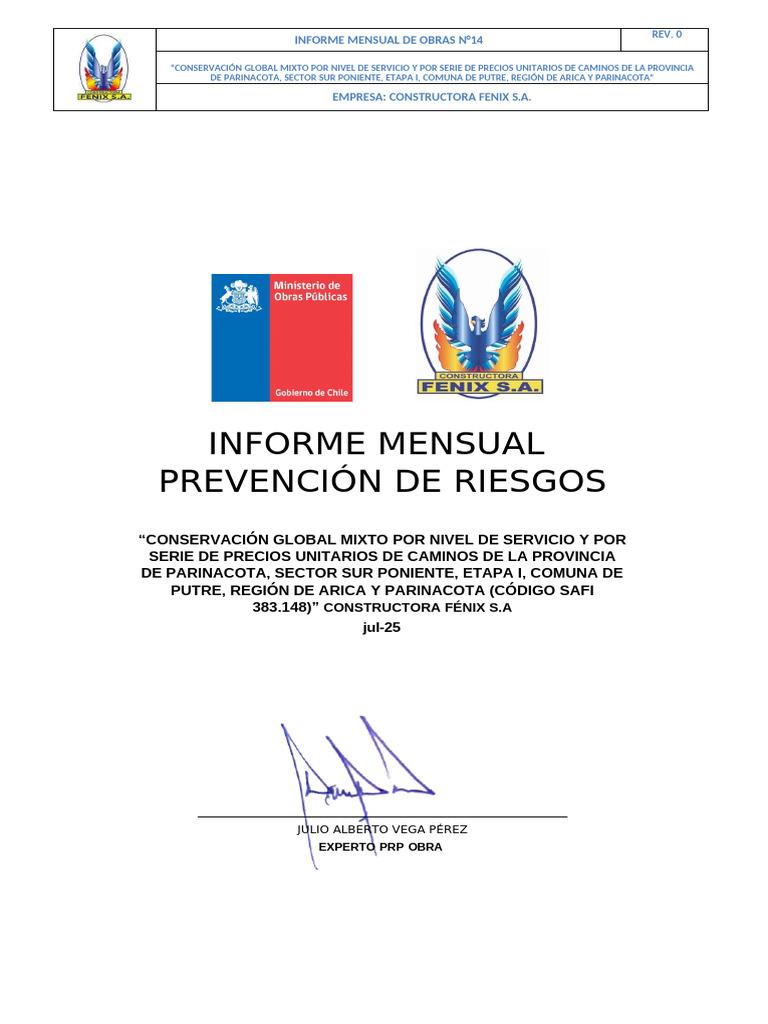 Informe Mensual de Obras Parinacota 14 | PDF | Higiene Ocupacional | La ...
