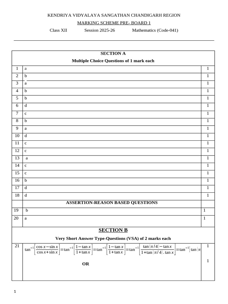 KV Chandigarh Class XII Math Marking Scheme | PDF | Geometry ...