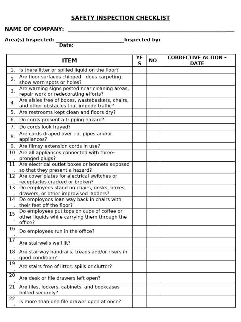 Workplace Safety Inspection Checklist | PDF | Stairs
