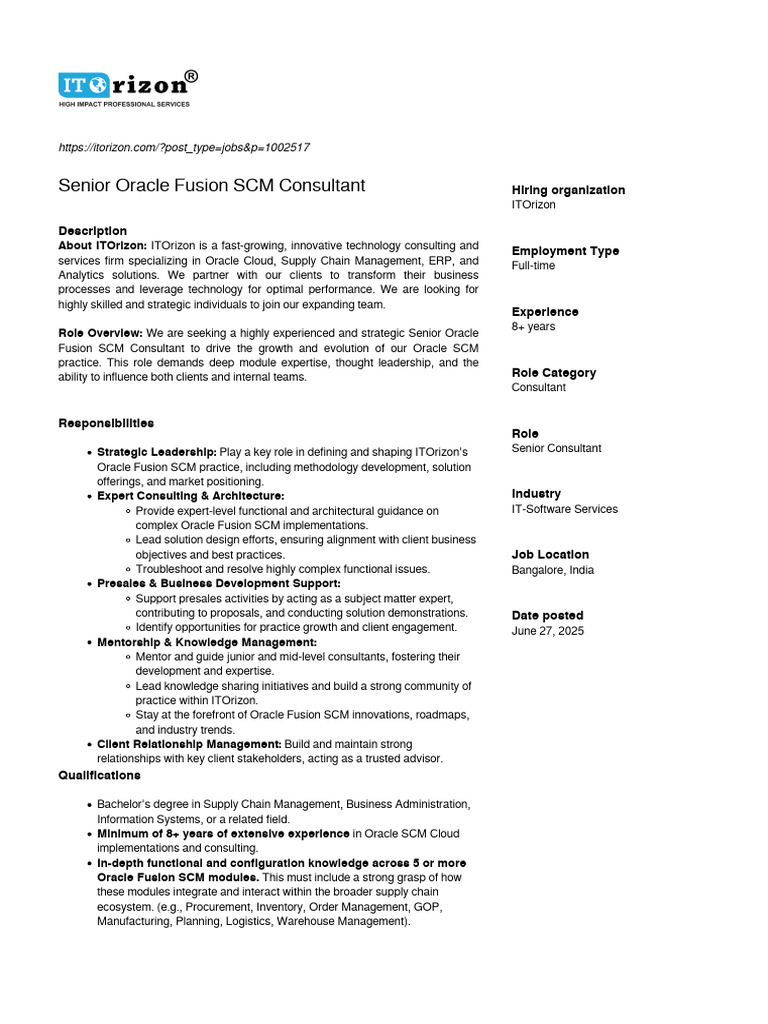 Senior Oracle Fusion SCM Consultant Job | PDF | Supply Chain Management ...