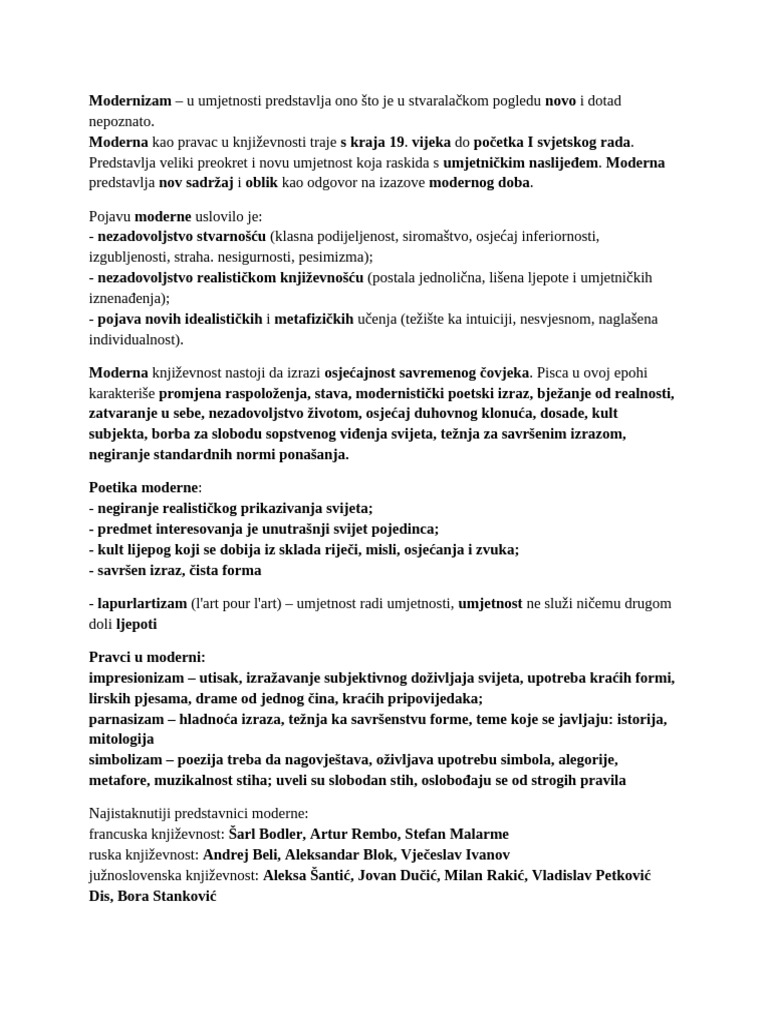 Moderna - Predstavnici I Odlike | PDF