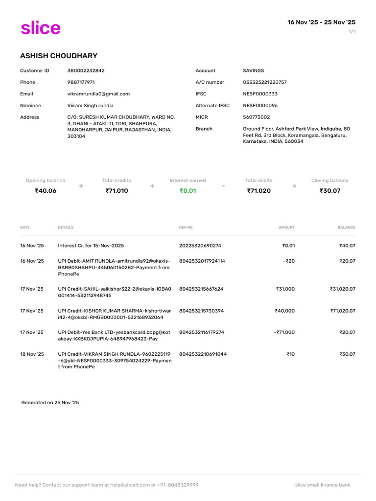 Slice Statement 16nov25 25nov25 | PDF | Banking | Financial Services