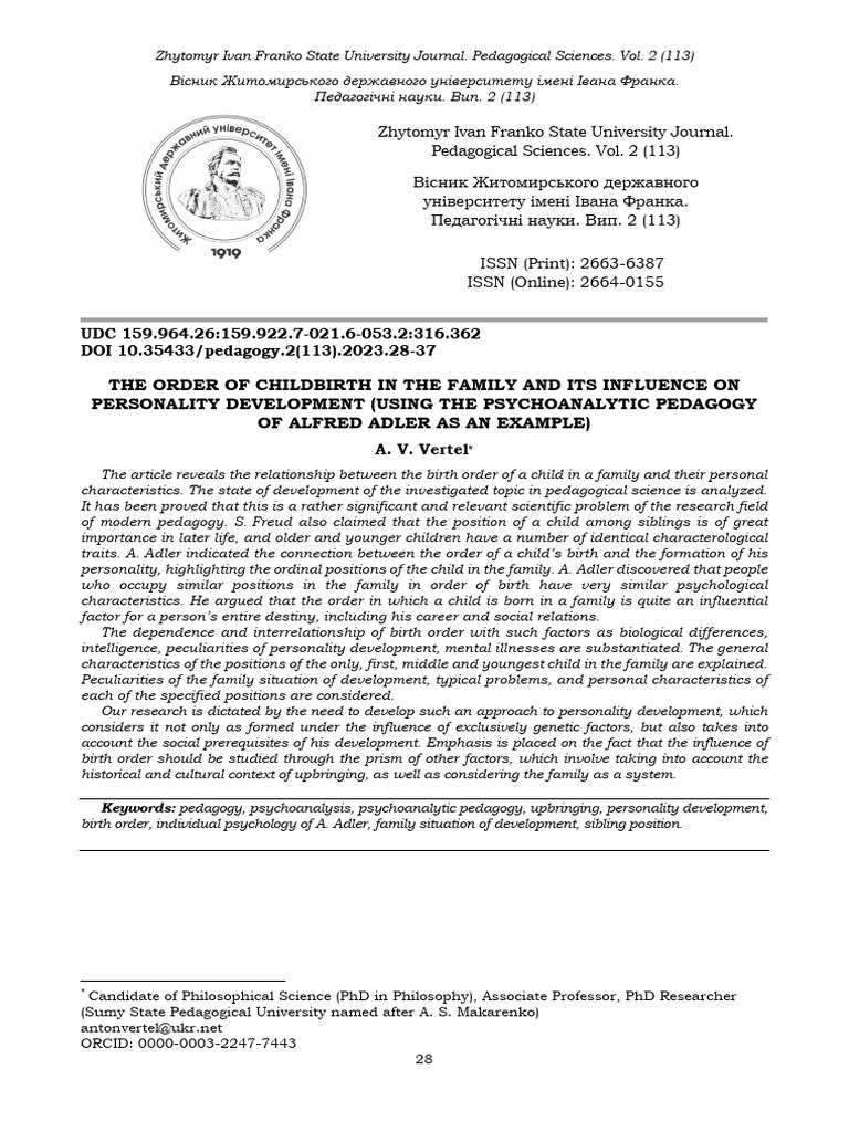 The Order of Childbirth in The Family and Its Infl | PDF