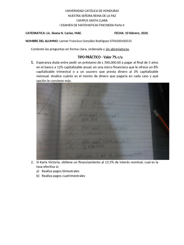 Examen de Matemáticas Financieras UCH | PDF | Interés | Tasas de interés