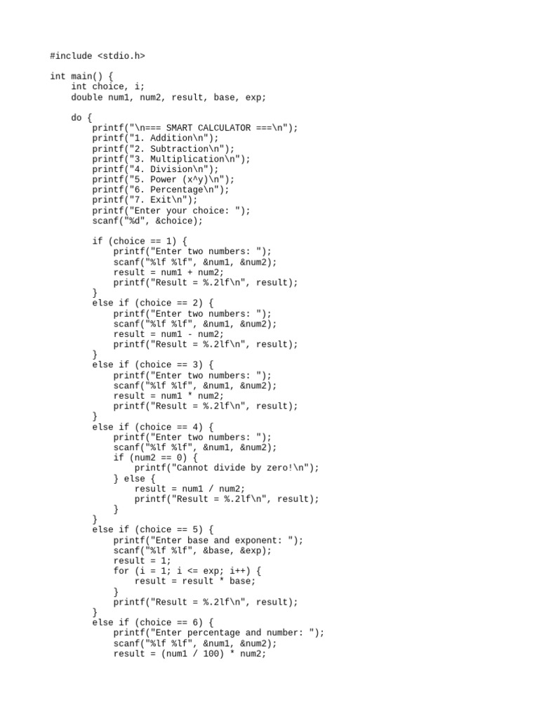 Smart Calculator Program in C | PDF