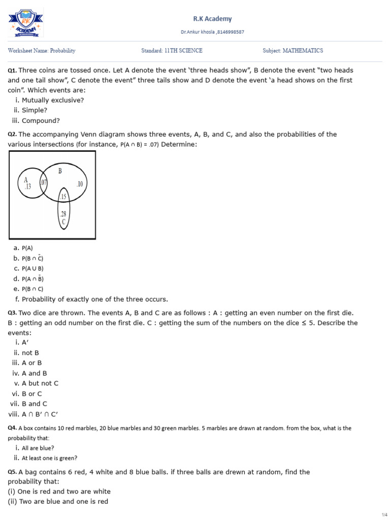 Probability Worksheets for 11th Science | PDF | Probability ...