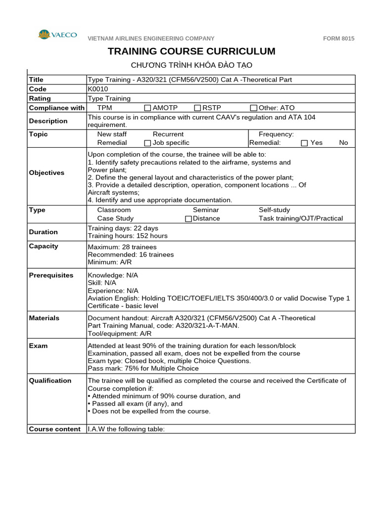 A320/321 Type Training Curriculum | PDF | Aviation | Aircraft