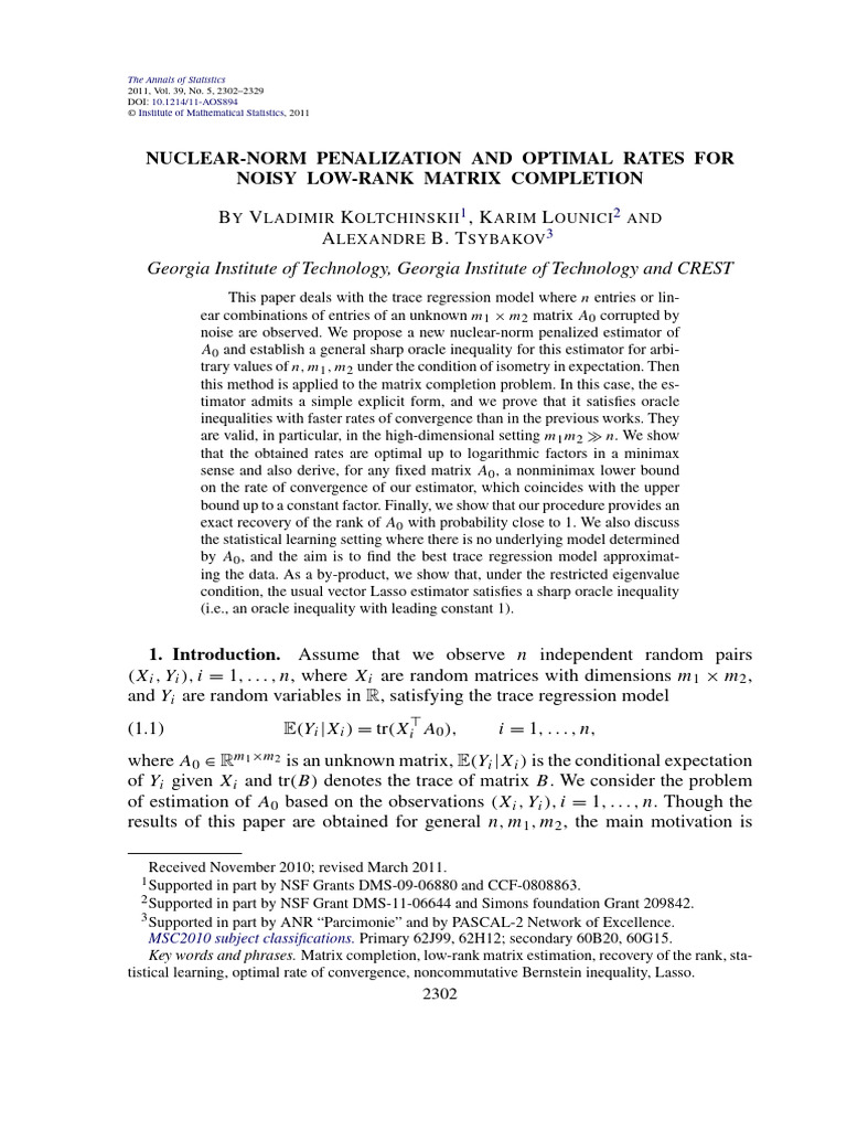 Nuclear-Norm Penalization in Matrix Completion | PDF | Matrix ...