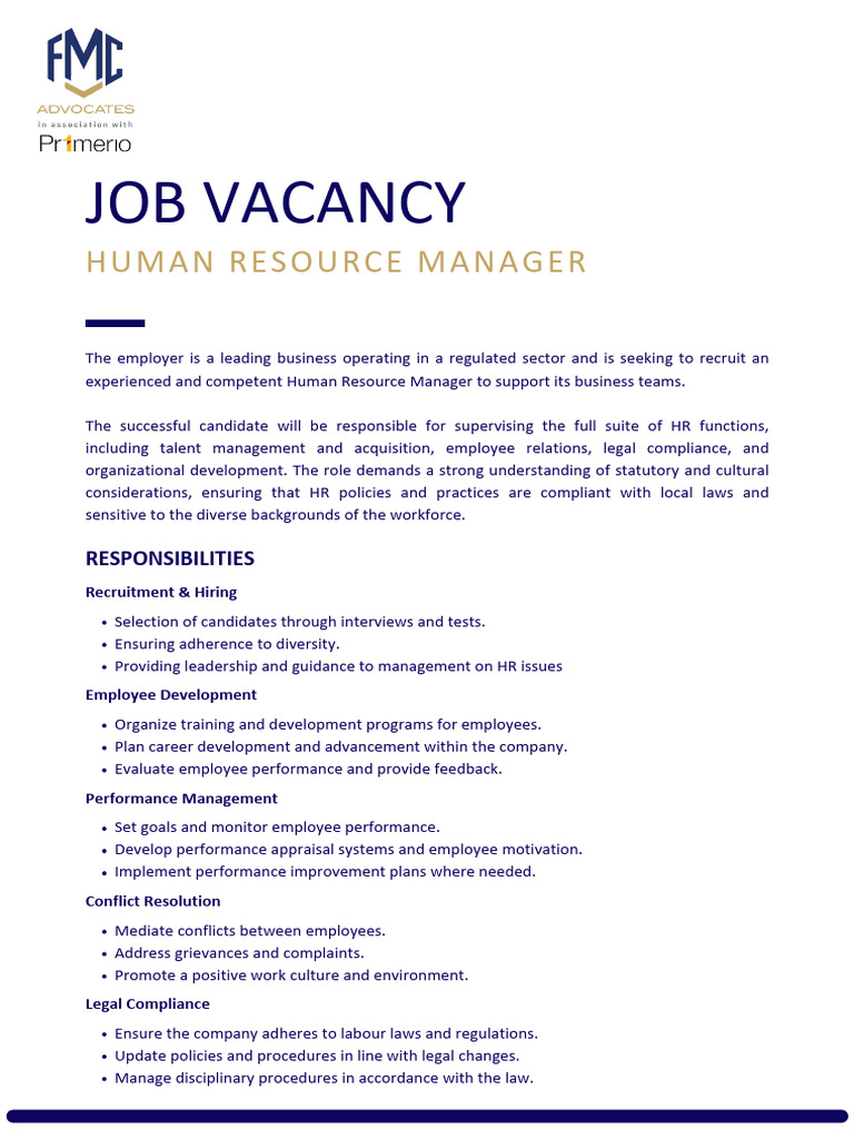 Human Resource Manager Job Opening | PDF | Human Resources | Employment